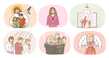 Set of religious people and Jesus Christ. Concept of faith and religion. Collection of children and adults praying to lord, believe in high powers. Superstition and belief. Vector illustration. 