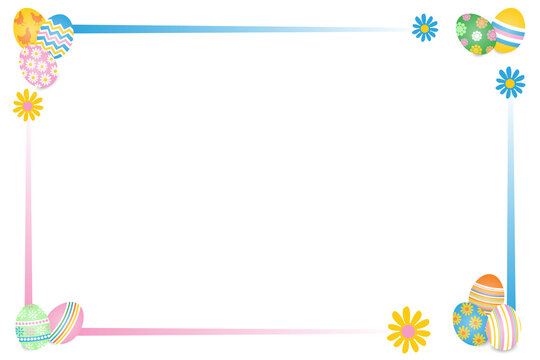 Easter frame with eggs and flowers. Vector isolated on white background.