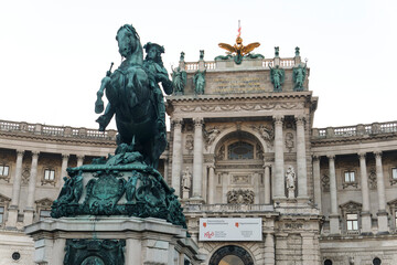 Fototapeta na wymiar Prinz Eugen von Savoyen monument on Heldenplatz square in front of Neue Burg section of Hofburg Palace, Vienna, Austria