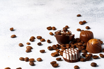 Various chocolate praline candies assortment close up