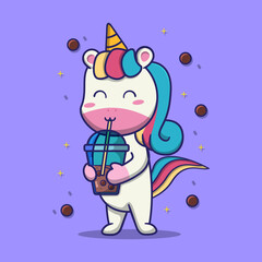 cute unicorn Holding Boba Milk Tea Cartoon Vector Icon Illustration. suitable for children's books, birthday cards, valentine's day, stickers, book covers, greeting cards, printing. 