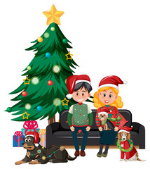 Cute couple and their dogs wearing Christmas outfits