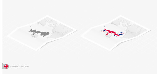 Set of two realistic map of United Kingdom with shadow. The flag and map of United Kingdom in isometric style.