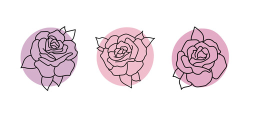 Collection of modern simple abstractions: silhouettes (sketch) of flowers - roses with geometric shapes on a white background