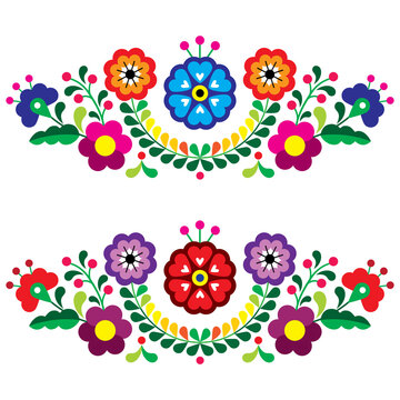 Mexican folk art style vector floral pattern long horizontal oriented, designs inspired by traditional embroidery from Mexico
 