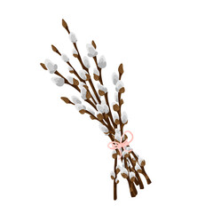 Easter bouquet from spring twigs easter blossom pussy willow tree with a bow. Vector spring holiday illustration in cartoon flat style isolated on a white background. - obrazy, fototapety, plakaty