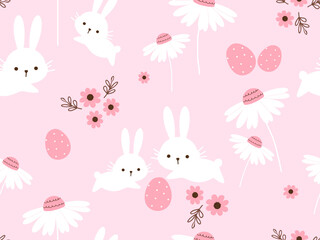 Seamless pattern with rabbits, daisy flower, Easter eggs on pink background vector.