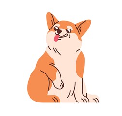 Cute Welsh corgi sitting. Funny amusing dog with tongue out. Adorable lovely happy doggy with positive comic emotions. Sweet charming puppy. Flat vector illustration isolated on white background