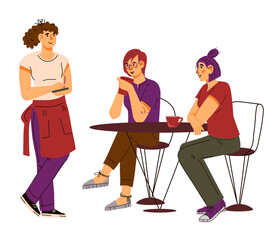 People eat in a cafe or restaurant and a waitress serves them, cartoon flat vector illustration isolated on white background.