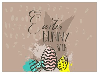 Hand drawn vector abstract graphic scandinavian collage Happy Easter cute bunny silhouette,eggs illustrations greeting card and Easter Bunny Sale handwritten calligraphy isolated on brown background