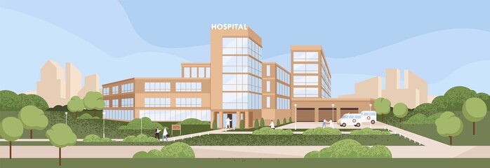 Emergency hospital building exterior with ambulance car parking. Health center, city public clinic construction, panorama. Outside of municipal medical healthcare office. Flat vector illustration