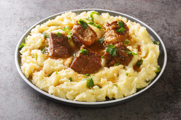 Greek Sofrito Slow braised beef with spicy gravy garnished with mashed potatoes close-up in a plate on the table. horizontal