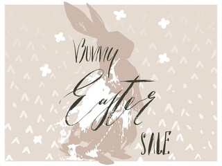 Hand drawn vector abstract graphic scandinavian collage Happy Easter cute bunny silhouette illustrations greeting card and Bunny Easter Sale handwritten calligraphy isolated on white background
