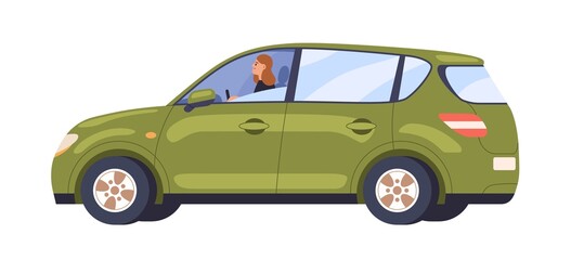 Car with woman driver inside. Person driving automobile with open window, side view. Happy auto owner, rider enjoying ride, profile. Flat vector illustration isolated on white background - obrazy, fototapety, plakaty
