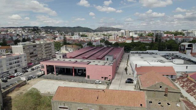 Aerial pan of Mercado do Livramento (market area) in Setubal, Portugal