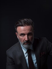 Fototapeta premium Portrait of a stylish elegant senior businessman with a beard and casual business clothes in photo studio isolated on dark background gesturing with hands