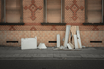 bulky waste in front of a house wall in the city