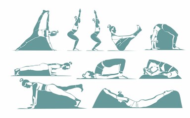 A big set of yoga poses female siluets. 10 isolated asanas on white background