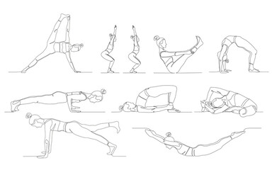 Obraz premium A big set of yoga poses. Continuous line drawing. 10 isolated asanas on white background