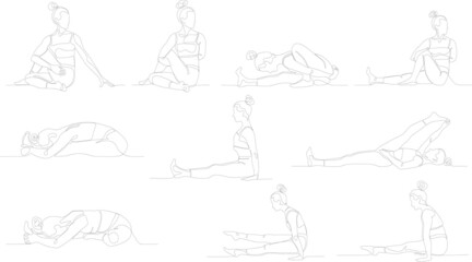 A big set of yoga poses. Continuous line drawing. 10 isolated asanas on white background