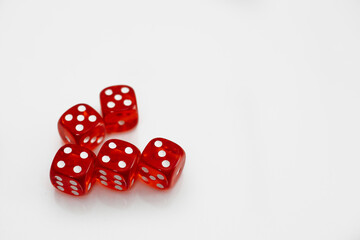 Five red glass dice on white background. Casino, gambling concept