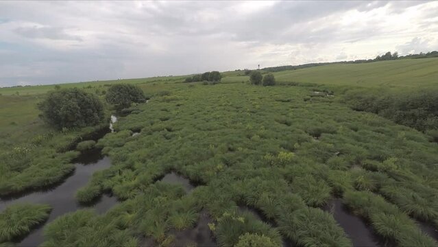 Flying on a drone. Flying over a field on a cloudy summer day. Flying on a sulfur day over a field.Aerial photography . FPV flights. High-speed flights.