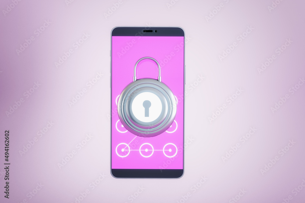 Poster Close up of cellphone with creative padlock on screen. Pink background. Secure device concept. 3D Rendering.