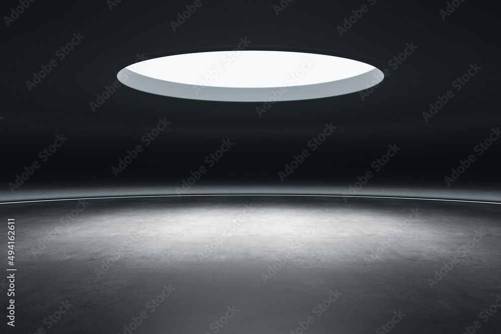 Aufkleber Abstract space ship interior with light from above and mock up place on floor in spotlight. Presentation concept. 3D Rendering.