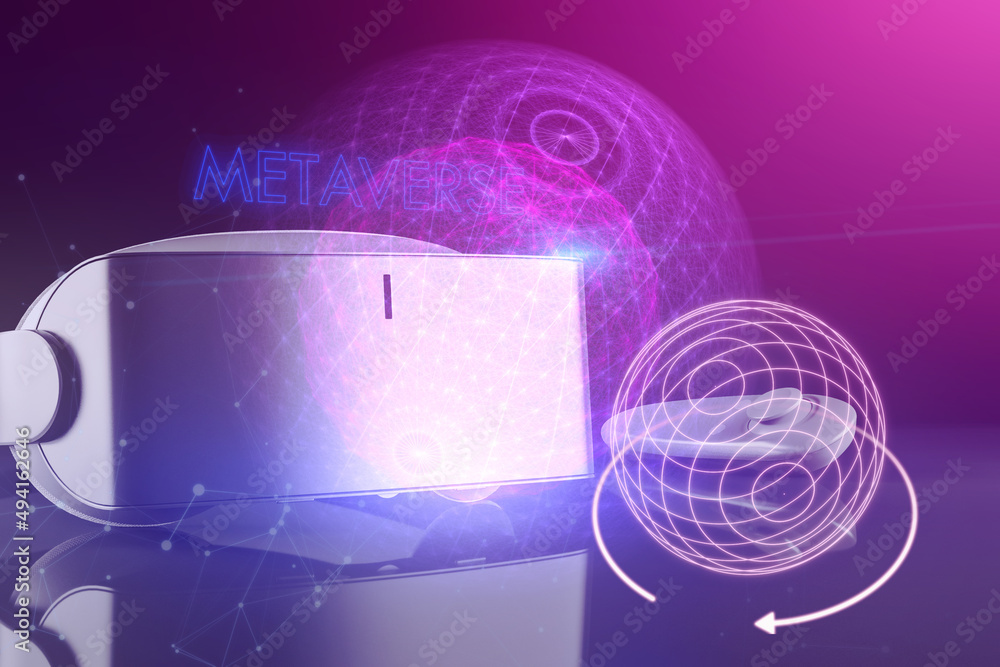 Poster close up of vr glasses with abstract metaverse sphere on blurry purple backdrop. future and abstract