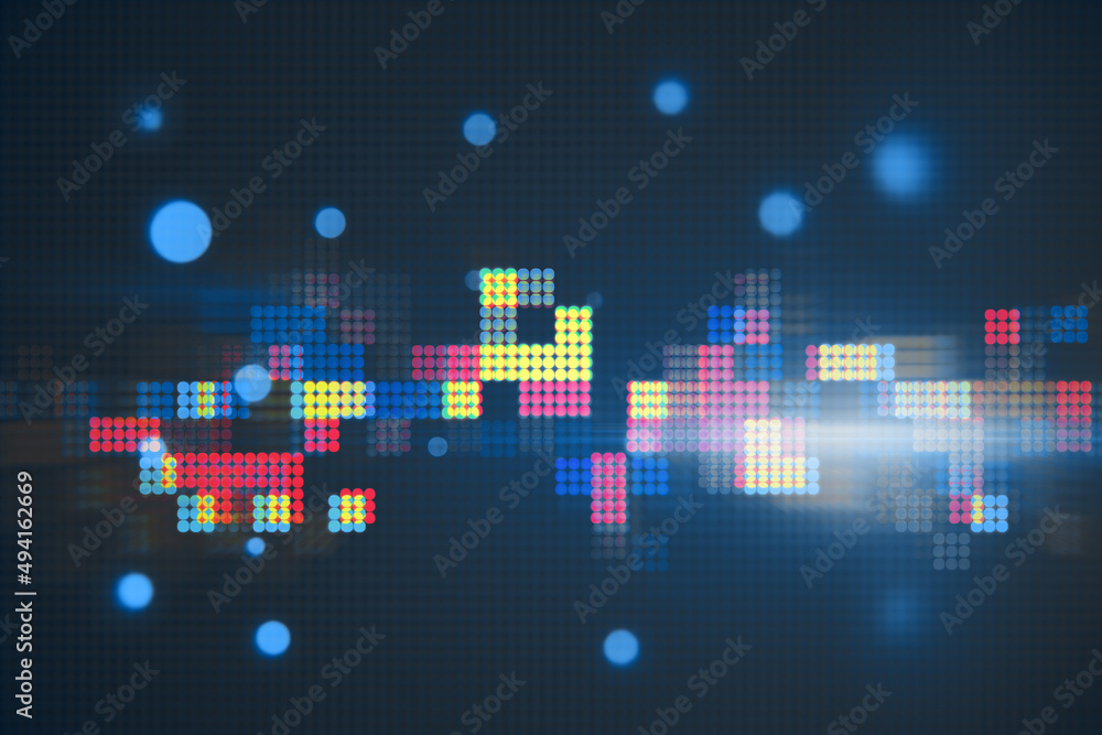 Poster Abstract colorful blurry pixel blocks wallpaper. Bg and technology, digital world concept. 3D Rendering.