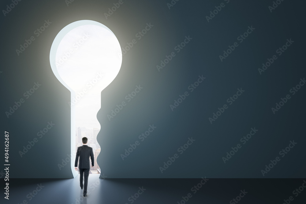 Poster Back view of businessman standing in abstract key opening in wall with bright light and mock up place. Solution and decision concept.