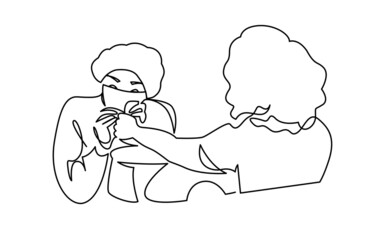 Female master at beauty salon working with client doing manicure minimalist continuous line vector