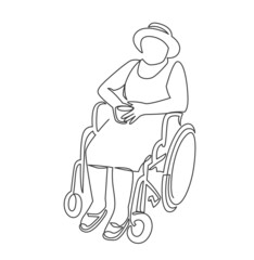 Single old woman sitting at wheelchair holding mug with tea continuous line vector illustration