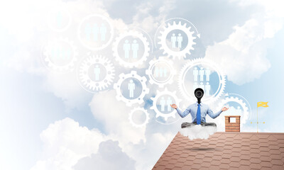 Concept of security and privacy protection with camera headed man meditating