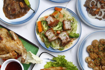 Freshly cooked Filipino food called Chopsuey with Lechon Kawali