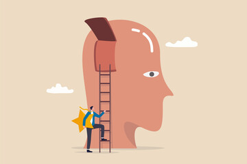 Brand recognition, marketing idea to launch ads and advertising, commercial trademark or brand loyalty, consumer recognize brand, businessman holding star climb up ladder to put into consumer brain.