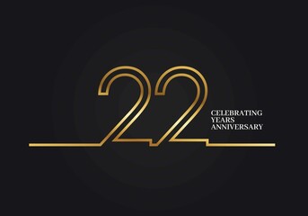 22 Years Anniversary logotype with golden colored font numbers made of one connected line, isolated on black background for company celebration event, birthday