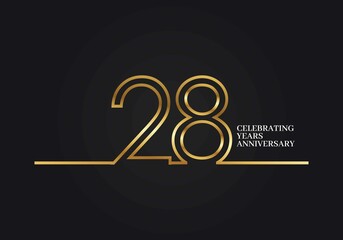 28 Years Anniversary logotype with golden colored font numbers made of one connected line, isolated on black background for company celebration event, birthday