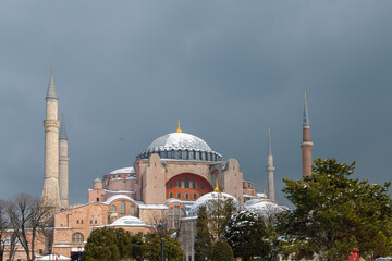 Hagia Sophia in winter, Istanbul, Turkey. Hagia Sophia or Hagia Sophia is one of the city's best-known tourist attractions. Beautiful natural view of Hagia Sophia on a sunny and cloudy day.