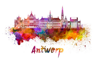 Antwerp skyline in watercolor