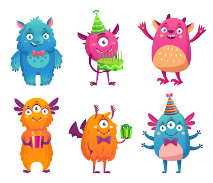 Cartoon party monsters celebrating happy event. Cute fluffy characters with friendly smiles holding birthday cake