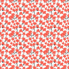 Cute seamless pattern with red blooming magnolias twigs on white background
