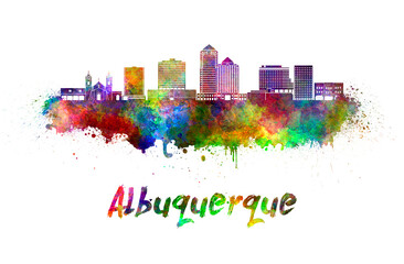 Albuquerque skyline in watercolor splatters with clipping path