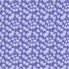 Cute seamless pattern with blue blooming magnolias twigs on very pery background