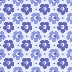 Cute floral pattern with simple very pery flowers and dots on light blue background.