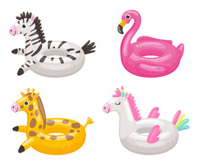 Cartoon swimming ring. Rubber inflatable toy of different shapes as zebra, flamingo, giraffe and unicorn