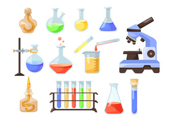 Beakers and burners with colorful liquid cartoon collection set. Using glass flasks for conducting chemical analysis or experiment and making potion. Lab equipment, laboratory, chemistry concept