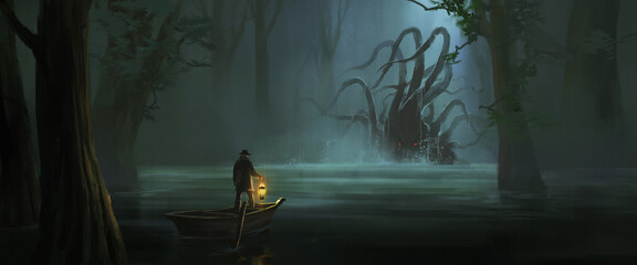 Octopus-shaped monster in the swamp, 3D illustration. - obrazy, fototapety, plakaty