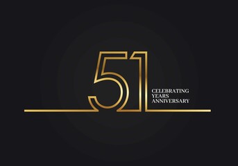 51 Years Anniversary logotype with golden colored font numbers made of one connected line, isolated on black background for company celebration event, birthday - obrazy, fototapety, plakaty