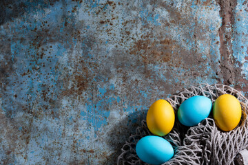 farm chicken fresh eggs from free range on a rough background. Conceptual farm products and organic products, rural and healthy dairy products Copy space or blank space for text